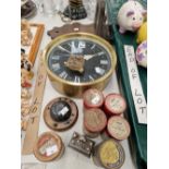 A WALL CLOCK, WOODEN WALL BRACKET, EDISON CYLINDRICAL DISCS, A NAVIGATING COMPASS/SUN DIAL AND A BLR