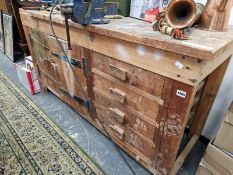 A VINTAGE PINE WORK BENCH. 85 X 160 X 60cms.