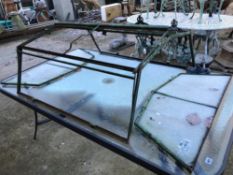A VINTAGE GREEN PAINTED IRON CLOCHE FRAME.