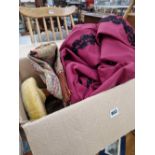 A BLACK TRIMMED CLARET GROUND GOWN, A MORTAR BOARD, 2 TABLE CLOTHS, A STOOL, ETC.