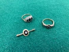 THREE PIECES OF 9ct HALLMARKED GOLD TO INCLUDE A SAPPHIRE AND DIAMOND RING AND ONE OTHER, BOTH A