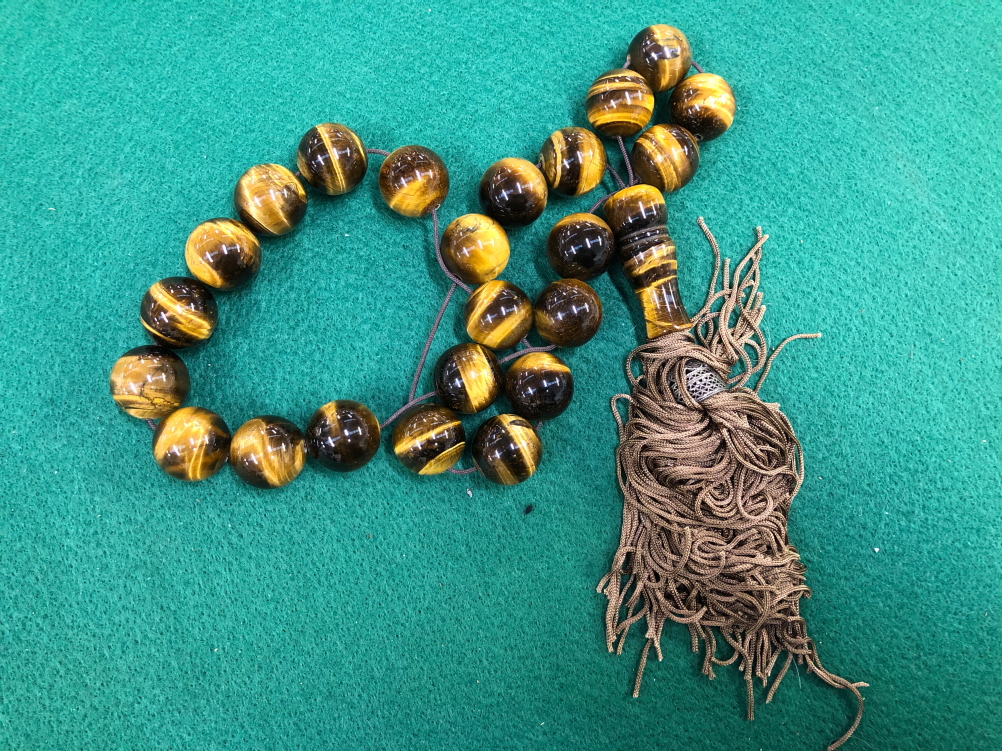 LARGE TIGERS EYE GREEK WORRY BEADS, WITH SILVER ACCENTS.