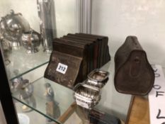 A PAIR OF SILVER SALTS TOGETHER WITH A HUNTLEY AND PALMERS TINPLATE BOOK BISCUIT BOX AND A TIN PLATE