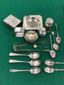 VARIOUS ITEMS OF HALLMARKED SILVER TO INCLUDE CRUETS, NAPKIN RING, SPOONS, ASHTRAY, MATCHBOX
