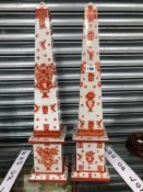 A PAIR OF PORCELAIN OBELISKS PRINTED IN RED WITH BIRDS AND FLOWERS