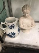 AN 18th C. WORCESTER BLUE AND WHITE MASK JUG TOGETHER WITH A PARIAN BUST OF THE CLYTIE