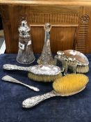TWO HALLMARKED SILVER BACKED HAIR BRUSHES, TOGETHER WITH A CLOTHES BRUSH, FOUR GLASS AND SILVER