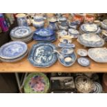 A COLLECTION OF BLUE AND WHITE CERAMICS, JUGS, TUREENS, PLATTERS, PLATES, ETC.