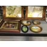 FOUR OVAL WATERCOLOUR LANDSCAPES, AN OIL FLORAL STILL LIFE TOGETHER WITH TWO PRINTS