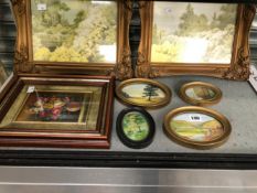 FOUR OVAL WATERCOLOUR LANDSCAPES, AN OIL FLORAL STILL LIFE TOGETHER WITH TWO PRINTS