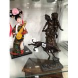 A JAPANESE DOLL FIGURE PLAYING A STRINGED INSTRUMENT, A BRONZE GREYHOUND, A COLD CAST PAIR OF