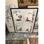 A SET OF FOUR FRAMED PRINTED SILK PICTURES, TOGETHER WITH TWO ORIENTAL WATERCOLOUR SCROLL PANELS.