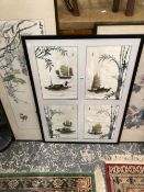 A SET OF FOUR FRAMED PRINTED SILK PICTURES, TOGETHER WITH TWO ORIENTAL WATERCOLOUR SCROLL PANELS.