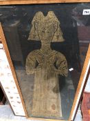 A LARGE VINTAGE BRASS RUBBING, AND A POSTER PRINT, DANISH CHAIRS.