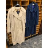 A BURBERRYS TRENCH COAT, AND A VINTAGE WOOL OVER COAT, UNSIGNED.