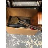 A BOX OF VARIOUS TOOLS AND AN 18th C. BRASS AND IRON SKIMMER