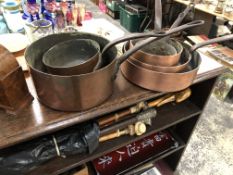 FOUR ANTIQUE COPPER SAUCEPANS WITH TIN WASHED INTERIORS (WORN) TOGETHER WITH TWO MID 20th CENTURY