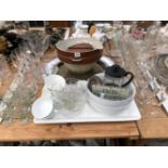 DRINKING GLASS, STONE WARE POURING BOWLS, TWO PLATTERS, TEA CUPS AND SAUCERS, ETC.