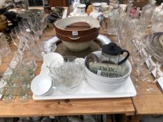 DRINKING GLASS, STONE WARE POURING BOWLS, TWO PLATTERS, TEA CUPS AND SAUCERS, ETC.