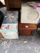 AN ARIZONA CEILING FAN, A BROWNIE 8 FILM PROJECTOR, A WOODEN BOX AND A PLASTIC TOOL BOX