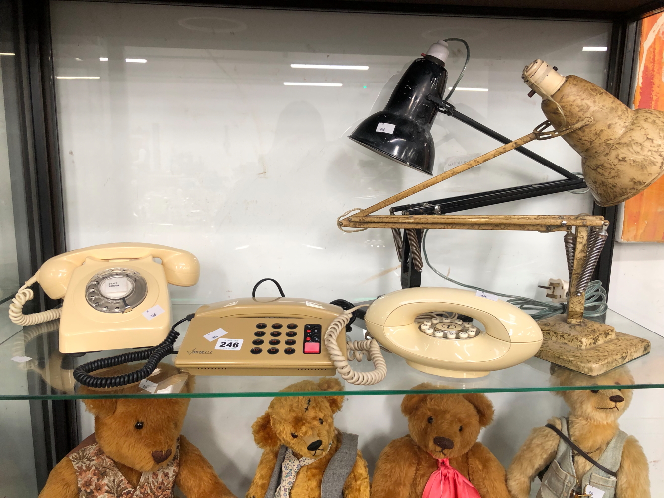 A MYBELLE TELEPHONE TOGETHER WITH TWO CREAM PLASTIC TELEPHONES AND TWO ANGLE POISE LAMPS