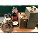 VARIOUS ANTIQUE FLAT IRONS, TWO PRESSURE GAUGES, A BOOT SCRAPER AND FUEL CANS INCLUDING SHELL