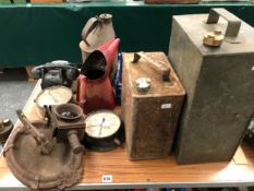 VARIOUS ANTIQUE FLAT IRONS, TWO PRESSURE GAUGES, A BOOT SCRAPER AND FUEL CANS INCLUDING SHELL