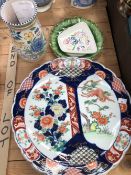 TWO JAPANESE IMARI DISHES, TWO PLATES AND A POOLE VASE