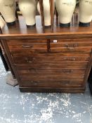 AN EDWARDIAN MAHOGANY CHEST OF FIVE DRAWERS ON PLINTH BASE