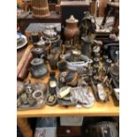 VARIOUS BELLS, ELECTROPLATE AND OTHER METAL TEA AND COFFEE WARES, METAL BOXES, A TELEPHONE SET,