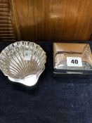 A HALLMARKED SILVER SHELL FORM DISH AND A WOOD LINED SILVER HALLMARKED CIGARETTE BOX. GROSS WEIGHT