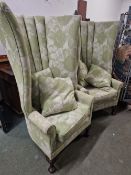 A VERY IMPRESSIVE LARGE PAIR OF HIGH BARREL BACK ARM CHAIRS.