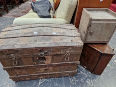 ANTIQUE DOME TOP CABIN TRUNK AND TWO SMALL CABINETS.