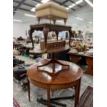 A PAIR OF MAHOGANY D END TABLES. 127CMS WIDE TOGETHER WITH TWO COFFEE TABLES AND A FOOT STOOL.