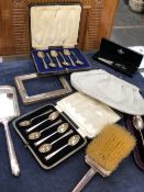 A QUANTITY OF HALLMARKED SILVER TO INCLUDE TWO SETS OF SIX CASED SPOONS, A MILLENNIUM BOOK MARK,