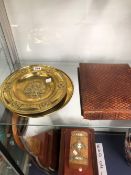 TWO ARTS AND CRAFTS BRASS WALL PLATES CENTRED BY THE TUDOR ROSE, TOGETHER WITH AN ALBUM OF EDWARDIAN