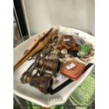 A TORTOISESHELL CARD CASE, GLOVE STRETCHERS, OPERA GLASSES, COINS, MEDALS, ETC. ON A PLATTER
