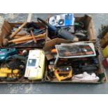 FOUR BOXES VARIOUS POWER TOOLS, LARGE DRILL BITS, HAMMER, AXES ETC.