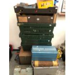 A LARGE COLLECTION OF VARIOUS TOOL BOXES, LOOSE TOOLS, A PAIR OF AXLE STANDS, VOLT METER, ETC.