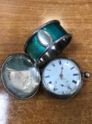 A HALLMARKED SILVER KEY WOUND POCKET WATCH, KEY NOT PRESENT, TOGETHER WITH  A PLATED NAPKIN RING.