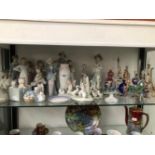 A COLLECTION OF LLADRO, CASADES AND RELATED FIGURINES TOGETHER WITH GLASS SCENT BOTTLES