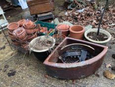 A STONEWARE PEDESTAL, A QUANTITY OF PLANT POTS, A BROWN GLAZED CORNER SINK AND A FIRE GRATE