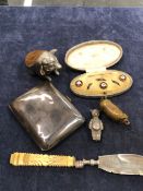 A HALLMARKED SILVER CIGARETTE CASE, A SILVER HALLMARKED SMALL BEAR AND A FISH KNIFE WITH IVORINE