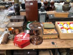 WOODEN JEWELLERY AND OTHER BOXES, A LANTERN, A PRICKET CANDLESTICK AND A CASED CHRIST CHURCH TABLE