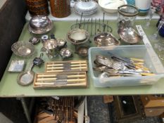 ELECTROPLATE CUTLERY, CONDIMENTS, MUGS, DISHES AND STRAINERS