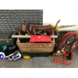 A YOUNGMAN DECORATORS WORK STAND, AN OXY-ACETELAINE TROLLEY WITH HOSES AND GAUGES, A TOOL TROLLEY,