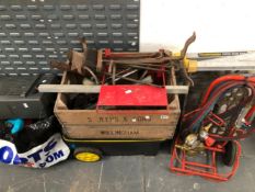 A YOUNGMAN DECORATORS WORK STAND, AN OXY-ACETELAINE TROLLEY WITH HOSES AND GAUGES, A TOOL TROLLEY,