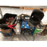 A ARK WELDER, BOX OF TOOLS AND WEIGHTS, A CLARKE COMPRESSOR ETC.