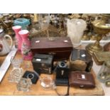 A COPPER GRADED SET OF MEASURES, BRASS FIRE IRONS, ELECTROPLATE CUTLERY, CAMERAS, A TEA CADDY AND