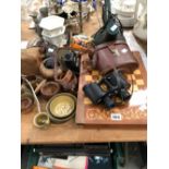 A SONY CYBER-SHOT AND OTHER CAMERAS, WOODEN BOWLS, BINOCULARS, CANDLESTICKS, AN ANGLE POISE LAMP,